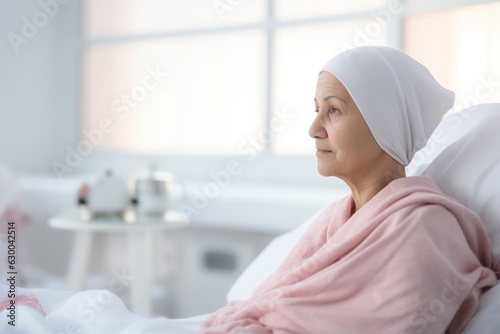 Portrait of a happy, elderly woman in a headscarf for cancer patients, recovering from illness. Generative Ai.