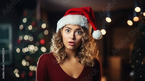 Beautiful woman in Santa Claus hat smiling and looking at camera. Generative Ai.