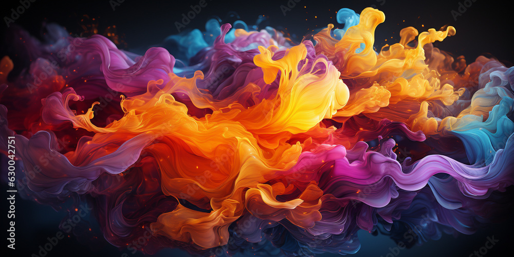 A vivid paint splash swirling, mix of colors as two chemicals reaction