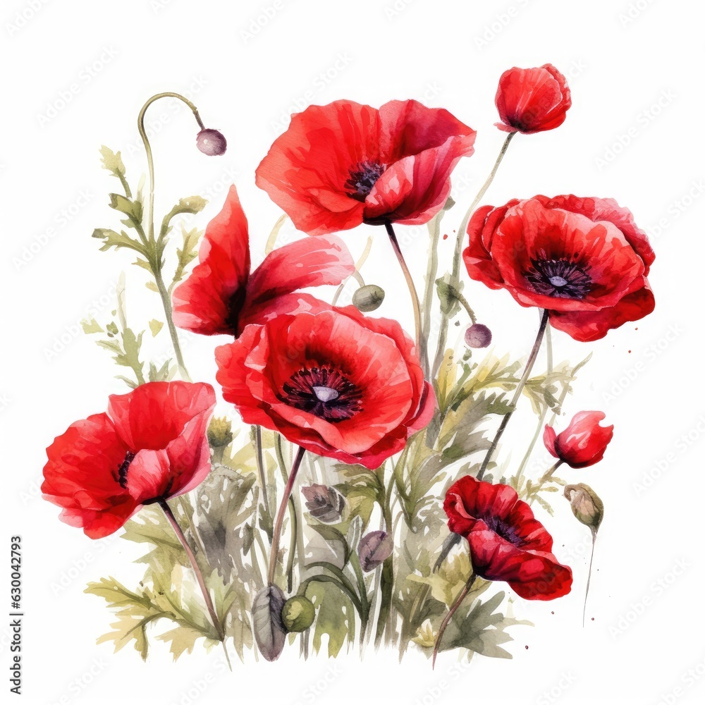 Watercolor illustration of vibrant red flowers against a clean white backdrop Watercolor illustration of vibrant red flowers against a clean white backdrop