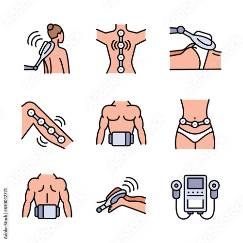 Magnetic therapy color icons set. Magnetotherapy. Alternative medicine practice. Rehabilitation. Simple modern vector illustrations.