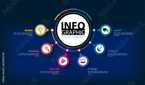 Infographics design and marketing icons, vector, circles. Сan be used to create workflows, diagram of annual reports, web design of presentations.Business concept with 6 options, process steps, colors