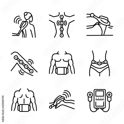 Magnetic therapy thin line icons set. Magnetotherapy. Alternative medicine practice. Rehabilitation. Simple modern vector outline illustrations.
