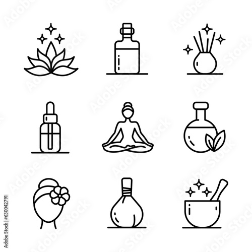 Ayurveda line icons set. Outline pictogram vector illustration ayurvedic collection with symbols of healthy alternative medicine.