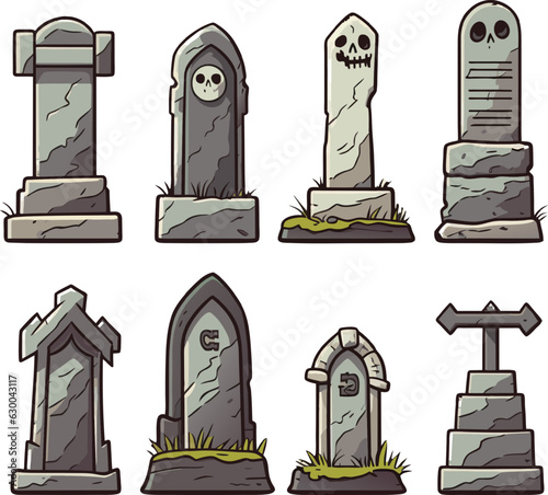 vector set of various tombstones. Stone marble tombstones. Memory of the dead vector illustration on white background.