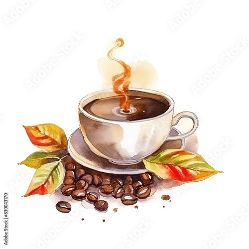 Watercolor illustration of a vibrant painting capturing the essence of a cup of coffee and beans