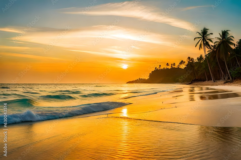 Sunny seascape with tropical palms on beautiful sandy beach in Phu Quoc island, Vietnam