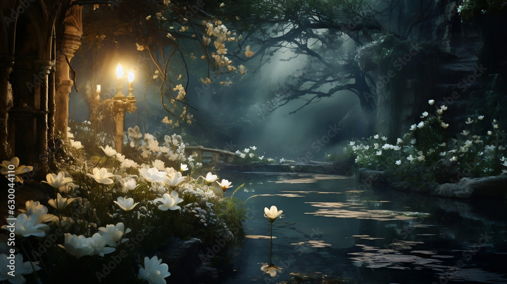 A magical special angle shot of a Moonlight Garden Landscape, featuring white or pale-colored flowers and foliage that emit fragrance and reflect the moonlight