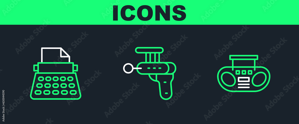 Set line Home stereo with two speakers, Retro typewriter and Ray gun icon. Vector Set line Home stereo with two speakers, Retro typewriter and Ray gun icon. Vector