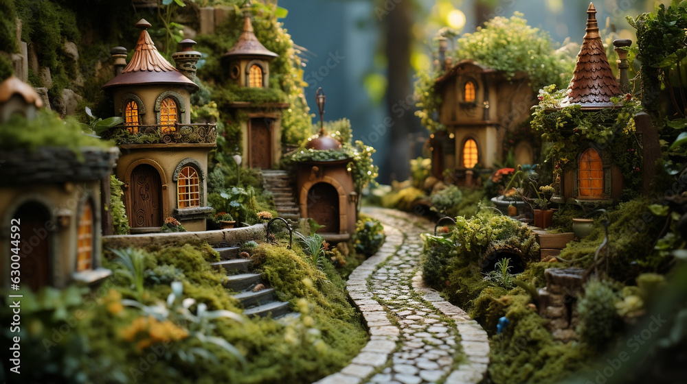 Fototapeta premium A whimsical and enchanting special angle shot of a Fairy Garden Landscape, creating a magical atmosphere with miniature plants, tiny houses, and other enchanting elements