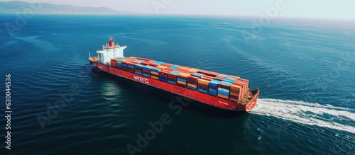 container cargo vessel moving across the ocean, seen from above, with empty space for text as a banner