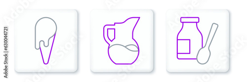 Set line Drinking yogurt in bottle, Ice cream waffle cone and Milk jug or pitcher icon. Vector