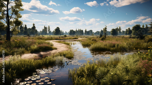 An immersive special angle shot of a Prairie Wetland Landscape, incorporating wetland plants, boardwalks, and aquatic features to mimic the beauty of prairie wetlands