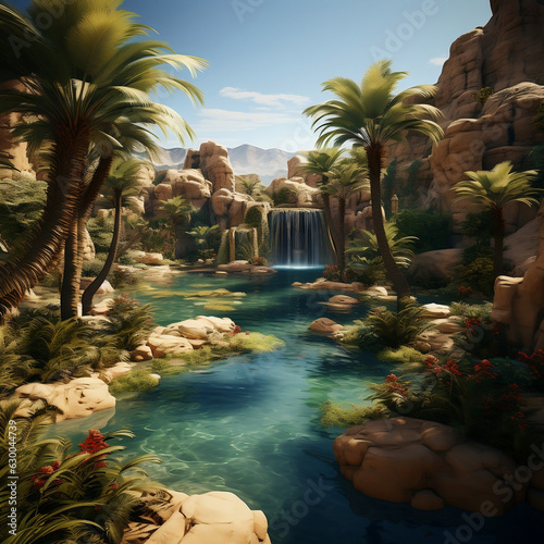 An oasis-like special angle shot of a Desert Oasis Landscape, contrasting arid surroundings with lush greenery, palm trees, and water features