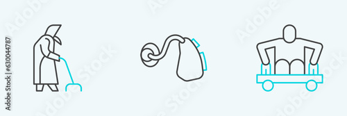 Set line Man without legs sitting wheelchair, Grandmother and Hearing aid icon. Vector