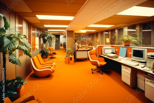 1970s or 1980s styled office interior. Vintage computers and desks, lots of plants. Nobody.