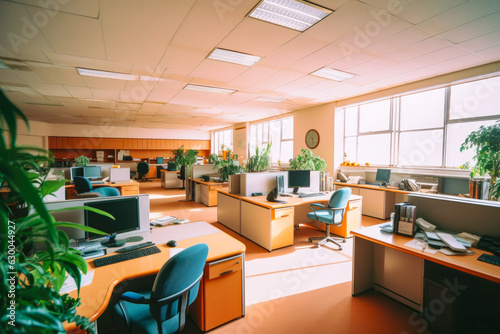1990s styled office interior, lots of plants. Nobody.