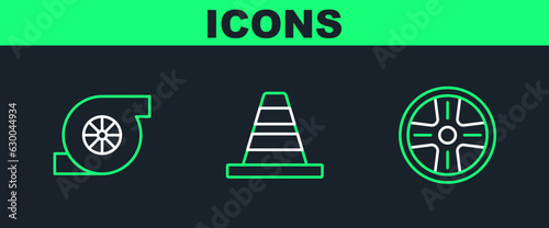 Set line Alloy wheel, Automotive turbocharger and Traffic cone icon. Vector