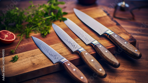 Chef knives with wooden handles laying on cutting board in kitchen photo