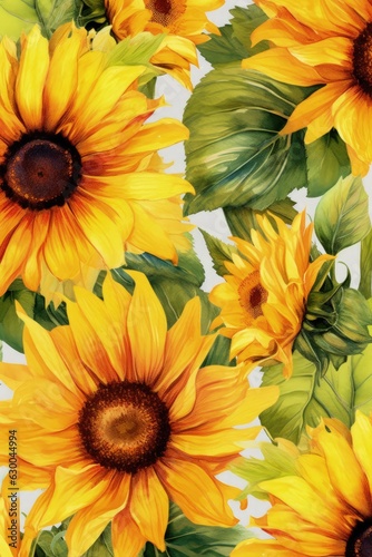 Bright yellow sunflowers with vibrant green leaves