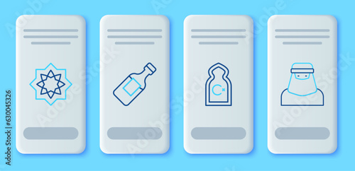 Set line Bottle of water, Muslim Mosque, Octagonal star and woman in niqab icon. Vector