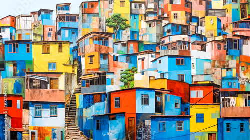 old favelas, colorful houses of poor people in South America, made with Generative AI photo