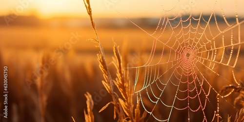 AI Generated. AI Generative. Sunshine spoderweb spider web at field meadow hay grass. Nature outdoor wildlife. Graphic Art