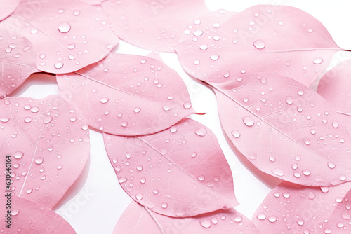 Pink leaves with drops of water, isolated white background