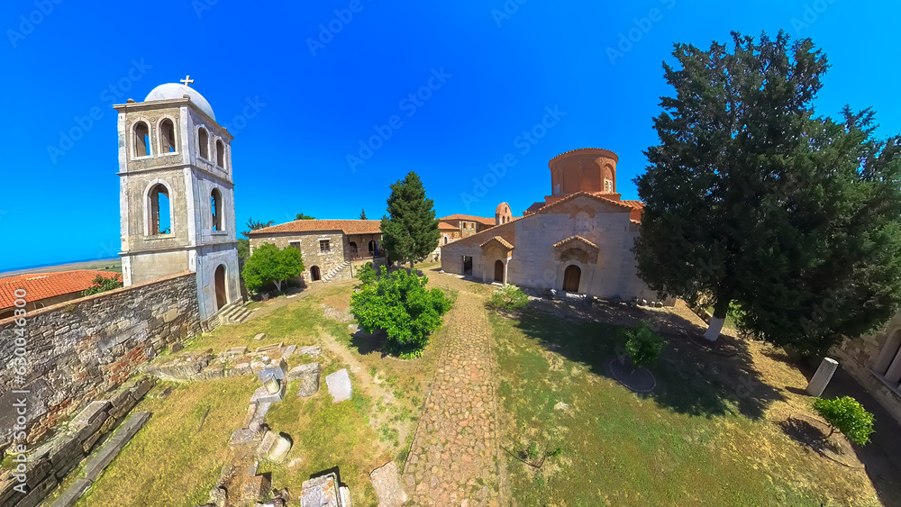 from above, Saint Mary Church and Monastery observed at Apollonia archaeological site in Albania. This historical location was established by Greek settlers from Corinth who worshiped the god Apollo.