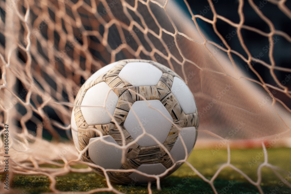 Naklejka premium Soccer ball on goal net background