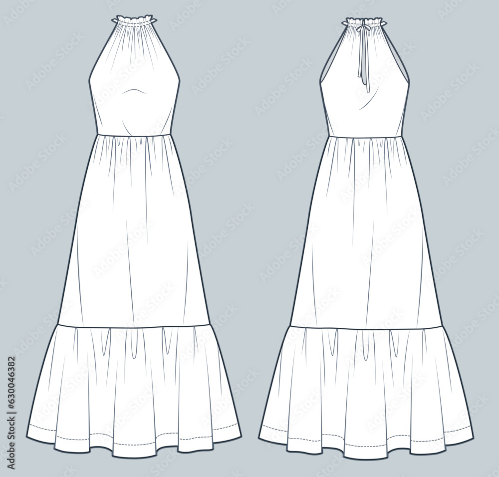 Halter Dress technical fashion illustration. Tiered maxi Dress fashion flat technical drawing template, relaxed fit, front and back view, white, women CAD mockup set. Halter Dress technical fashion illustration. Tiered maxi Dress fashion flat technical drawing template, relaxed fit, front and back view, white, women CAD mockup set.
