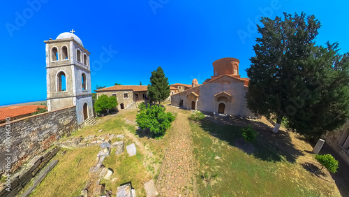 from above, Saint Mary Church and Monastery observed at Apollonia archaeological site in Albania. This historical location was established by Greek settlers from Corinth who worshiped the god Apollo.