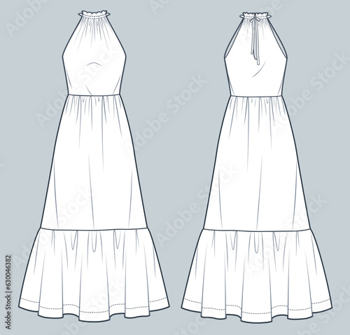 Halter Dress technical fashion illustration. Tiered maxi Dress fashion flat technical drawing template, relaxed fit, front and back view, white, women CAD mockup set.