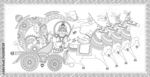 Illustration drawn in Pinguli folk art style of Maharashtra India. for textile printing, logo, wallpaper
