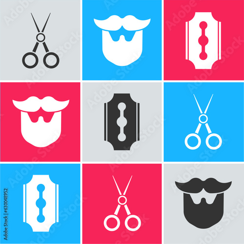 Set Scissors hairdresser, Mustache and beard and Blade razor icon. Vector