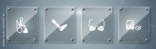 Set Disabled car, Blind glasses, Prosthesis leg and Woman wheelchair. Square glass panels. Vector