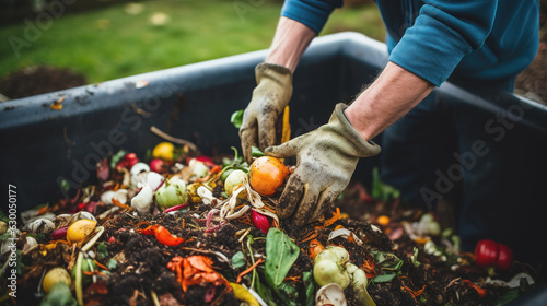 Photographie Person composting food waste in backyard compost bin garden
