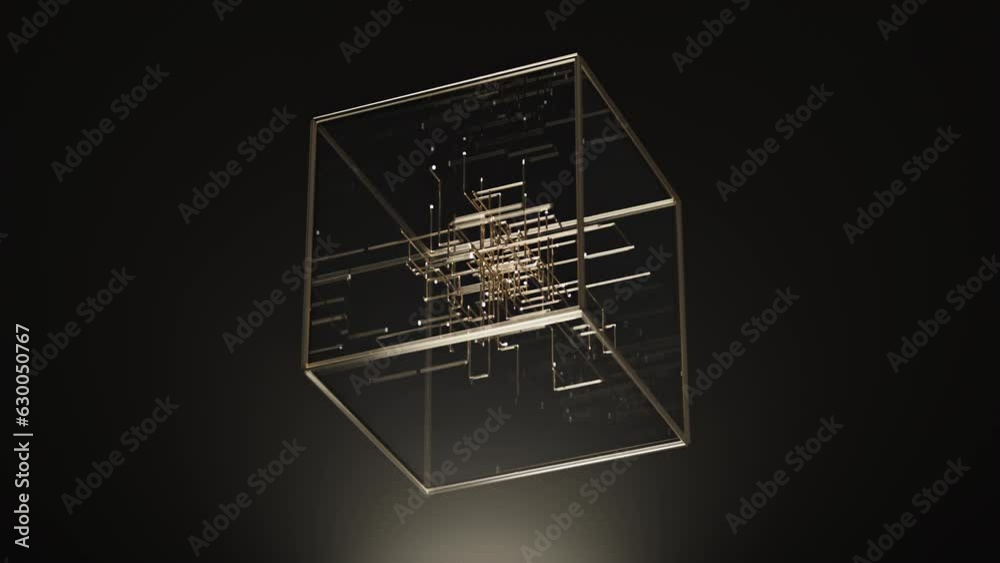 an abstract gold cubic cube on black background, in the style of kinetic installations an abstract gold cubic cube on black background, in the style of kinetic installations