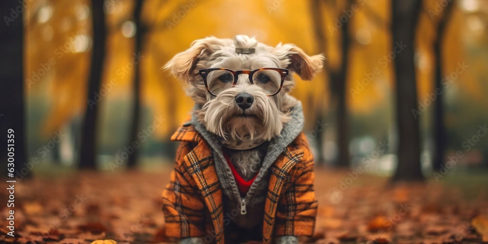 Hipster dog walks in the autumn park. Small dog in fashionable, modern, warm clothes.
