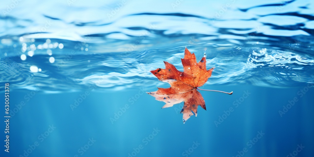 Yellow, autumn, maple leaf floats in the water, side view. Leaf on the water. Clean, clear, blue water. 