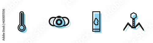 Set line Blood test and virus, Medical thermometer, protective mask and Bacteria bacteriophage icon. Vector