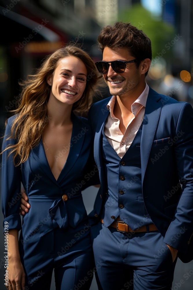 Young couple in business suites standing on the downtown street