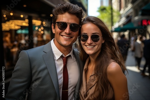 Young couple in business suites standing on the downtown street