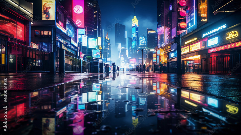 Epic wide shot of a futuristic cyberpunk cityscape at night, neon lights, billboards, reflections in the rain