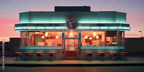 Deserted diner at twilight, vintage Americana, glowing neon sign, low angle shot, with an ambiance