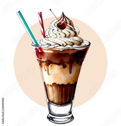 Watercolor painted dessert cocktail ice cream shake with fruit. Isolated design element for baby shower, party, birthday, greeting card, birthday party, menu, restaurant. AI generated