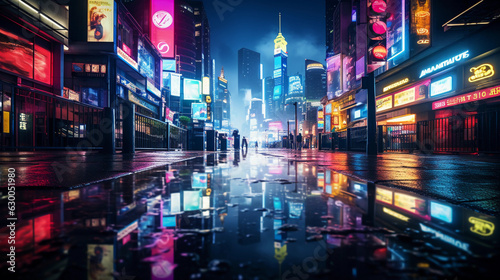 Epic wide shot of a futuristic cyberpunk cityscape at night, neon lights, billboards, reflections in the rain © Marco Attano