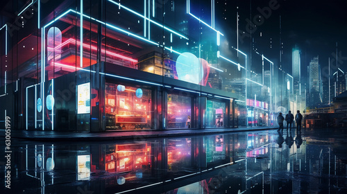 Epic wide shot of a futuristic cyberpunk cityscape at night  neon lights  billboards  reflections in the rain
