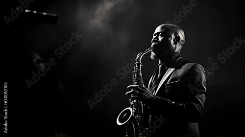 Fotografiet Intimate close - up of a jazz musician playing a saxophone in a smoky room