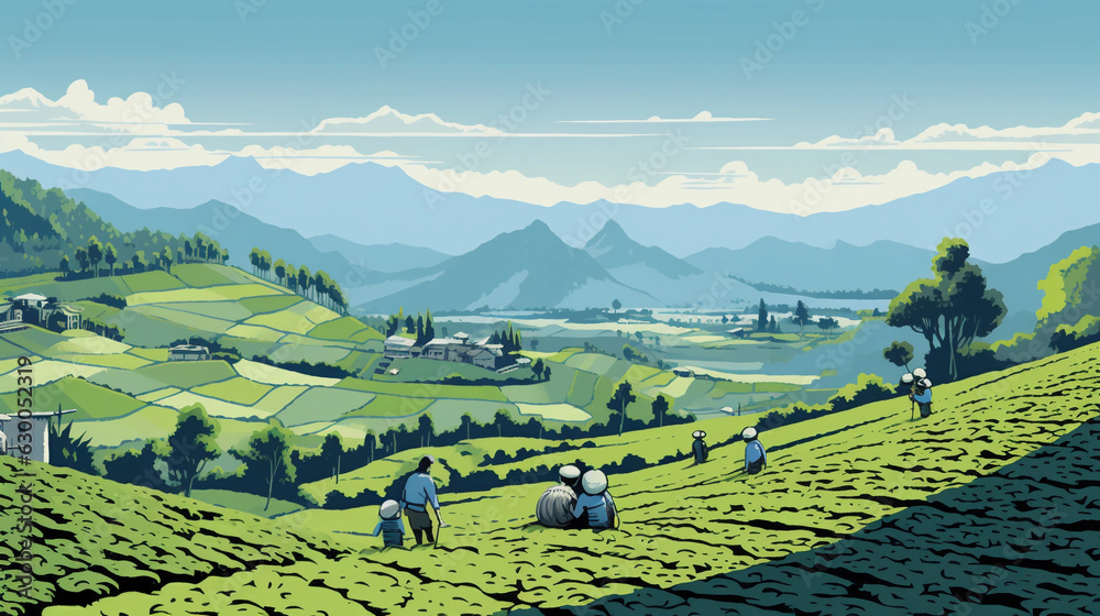 colorful Darjeeling tea plantations, rolling green hills, and workers picking leaves, bold outlines, vibrant and saturated colors, clear blue sky